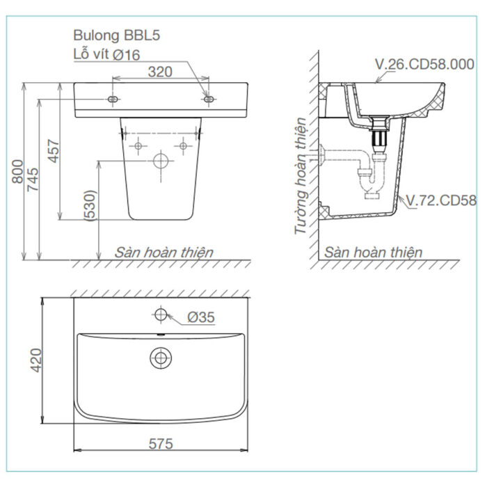 Bản vẽ kĩ thuật chậu lavabo VIGLACERA CD58 kèm chân lửng treo tường