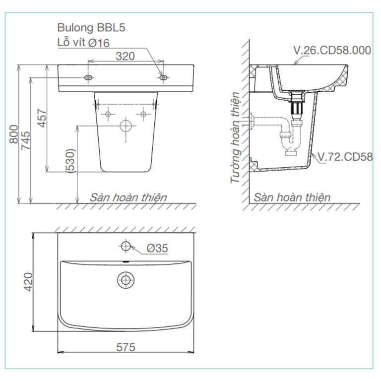 Bản vẽ kĩ thuật chậu lavabo VIGLACERA CD58 kèm chân lửng treo tường