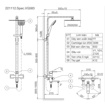 Bản vẽ kỹ thuật Vòi sen cây VIGLACERA VG583 nóng lạnh