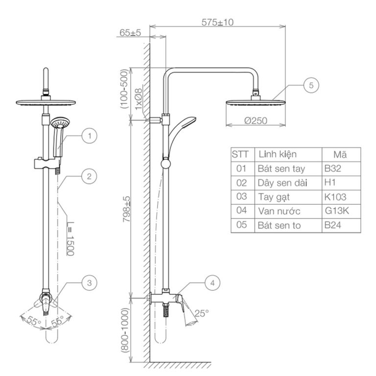Bản vẽ kỹ thuật Vòi sen cây VIGLACERA VG594 nước lạnh