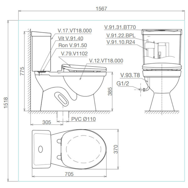 Bản vẽ kĩ thuật Bồn cầu 2 khối VIGLACERA VT18M nắp êm V116