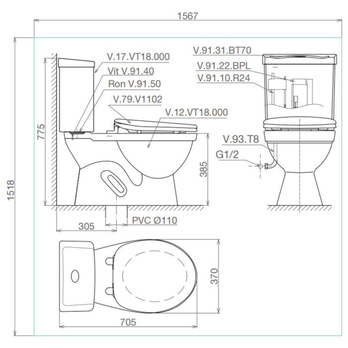 Bản vẽ kĩ thuật Bồn cầu 2 khối VIGLACERA VT18M nắp êm V116
