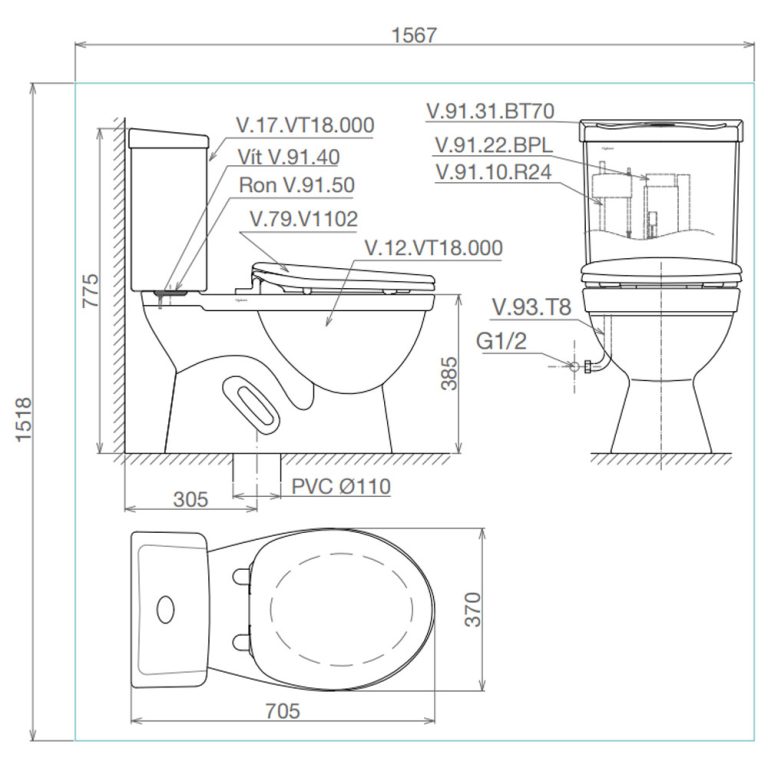 Bản vẽ kĩ thuật Bồn cầu 2 khối VIGLACERA VT18M nắp êm V116