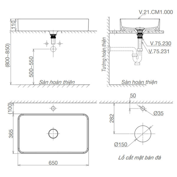 Bản-vẽ-kĩ-thuật-chậu-lavabo-VIGLACERA-CM1-CM01-đặt-bàn