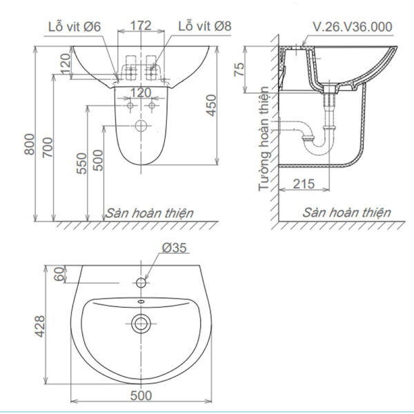 Bản-vẽ-kĩ-thuật-chậu-lavabo-VIGLACERA-V36-kèm-chân-lửng-treo-tường