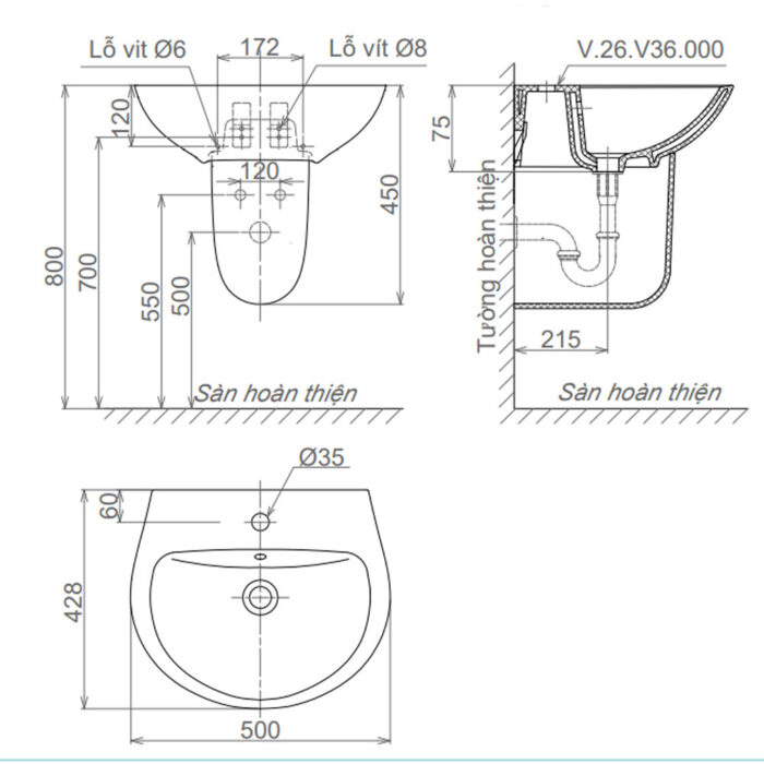 Bản-vẽ-kĩ-thuật-chậu-lavabo-VIGLACERA-V36-kèm-chân-lửng-treo-tường