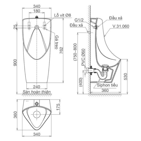 Bồn tiểu nam VIGLACERA T6 cấp âm treo tường
