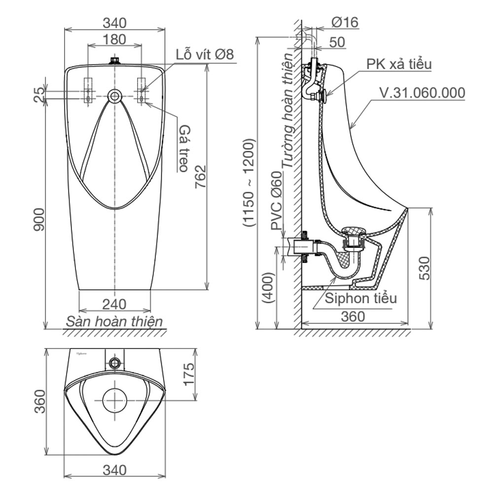 Bồn tiểu nam VIGLACERA T6 cấp dương treo tường