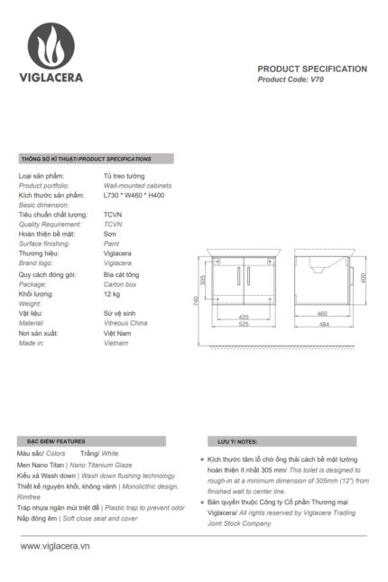 Thông-số-kĩ-thuật-Tủ-lavabo-VIGLACERA-V70-chậu-CB70