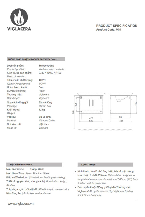 Thông-số-kĩ-thuật-Tủ-lavabo-VIGLACERA-V70-chậu-CB70