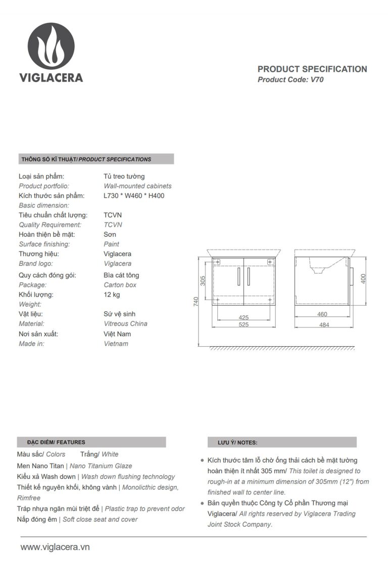 Thông-số-kĩ-thuật-Tủ-lavabo-VIGLACERA-V70-chậu-CB70