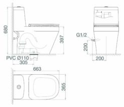 bản vẽ kích thước Bồn cầu 1 khối VIGLACERA V68 nắp êm
