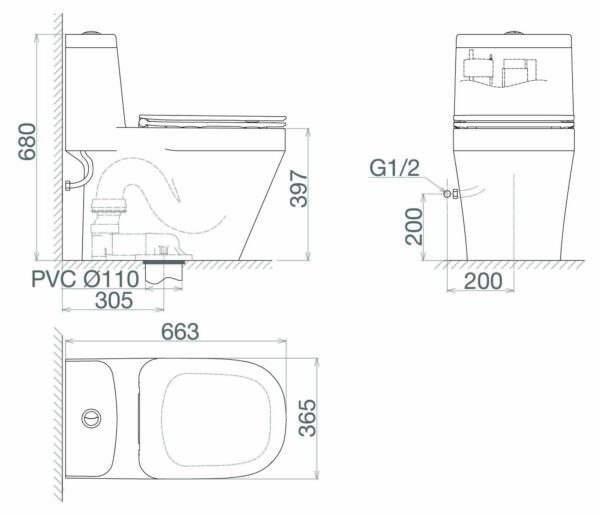 bản vẽ kích thước Bồn cầu 1 khối VIGLACERA V68 nắp êm