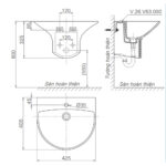 Bản vẽ kĩ thuật chậu lavabo VIGLACERA V63 liền chân treo tường