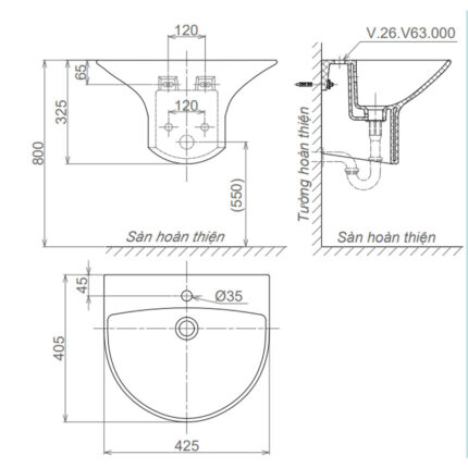 Bản vẽ kĩ thuật chậu lavabo VIGLACERA V63 liền chân treo tường