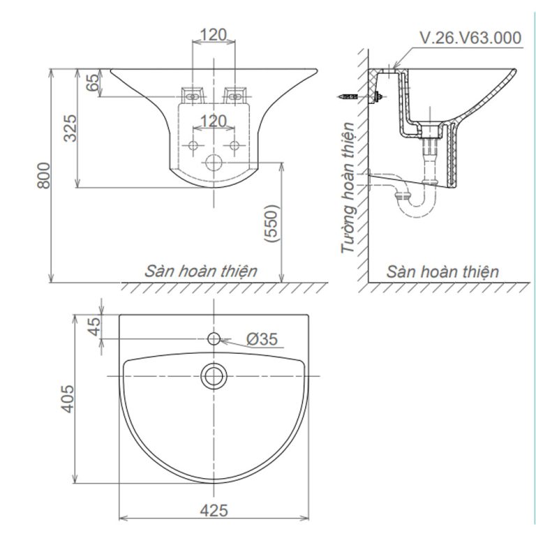 Bản vẽ kĩ thuật chậu lavabo VIGLACERA V63 liền chân treo tường