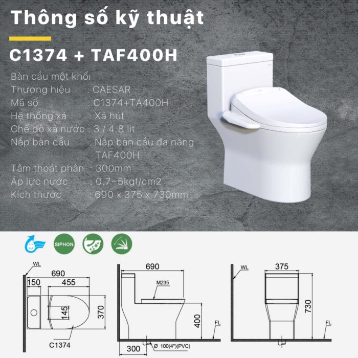 Bồn cầu thông minh CAESAR C1374F TAF400H (CD1374) nắp rửa điện tử - Ảnh 4