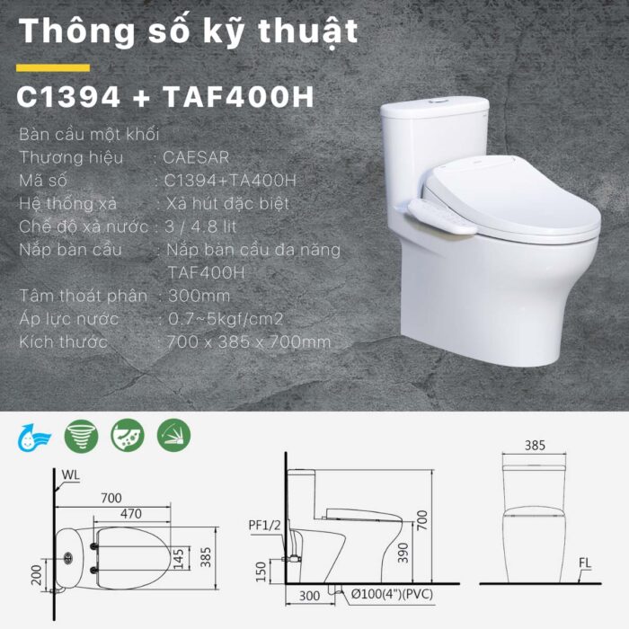 Bồn cầu thông minh CAESAR C1394F TAF400H (CD1394) nắp rửa điện tử - Ảnh 3