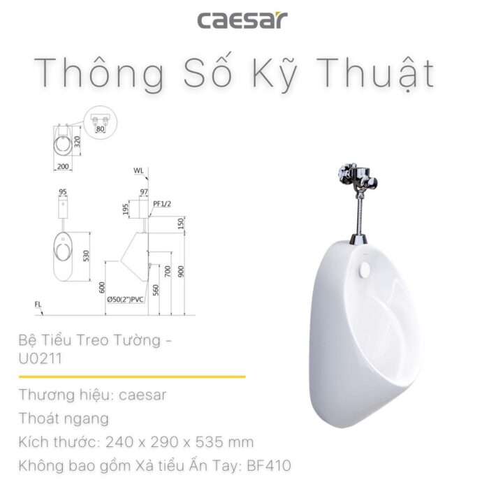Bồn tiểu nam CAESAR U0211 treo tường - Ảnh 3
