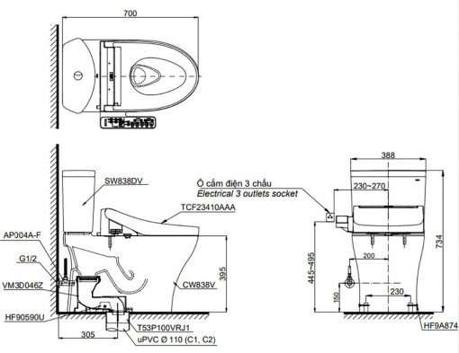 Bản-vẽ-kích-thước-TOTO-CS838DW16---Bồn-cầu-2-khối-nắp-rửa-điện-tử-TCF23410AAA