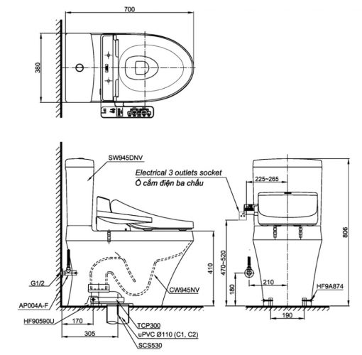 Bản-vẽ-kích-thước-TOTO-CS945DNW16---Bồn-cầu-2-khối-nắp-rửa-điện-tử-TCF23410AAA