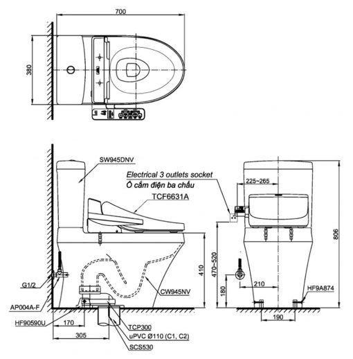 Bản-vẽ-kích-thước-TOTO-CS945PDW16---Bồn-cầu-2-khối-nắp-rửa-điện-tử-TCF23410AAA