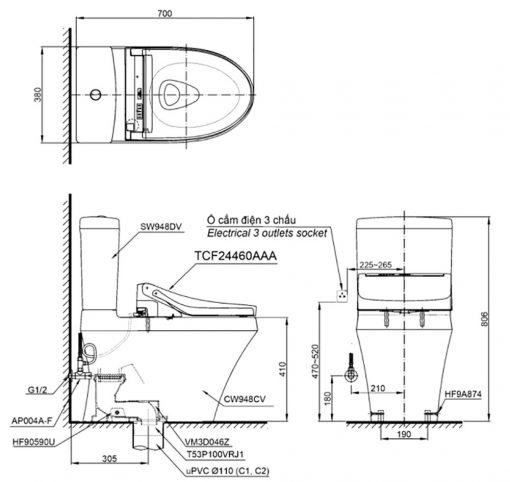 Bản vẽ kích thước TOTO CS948CDW15 - Bồn cầu 2 khối nắp rửa điện tử TCF24460AAA