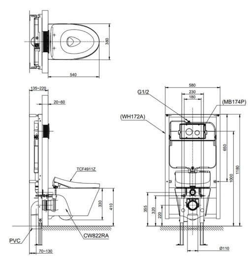 Bản vẽ kích thước TOTO CW822RA TCF24410AAA - Bồn cầu treo tường nắp rửa điện tử