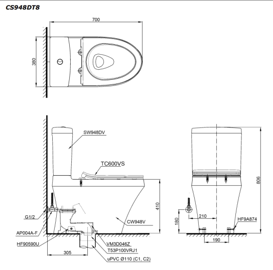 TOTO CS948DT2 - Bồn cầu 2 khối nắp êm TC393VS 1 TOTO CS948DT2 - Bồn cầu 2 khối nắp êm TC393VS