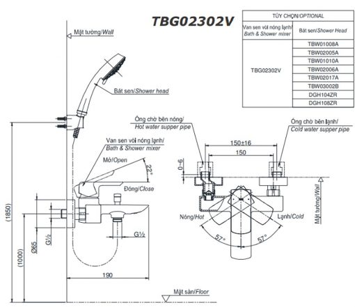 Bản vẽ kích thước TOTO TBG02302V - Vòi sen tắm