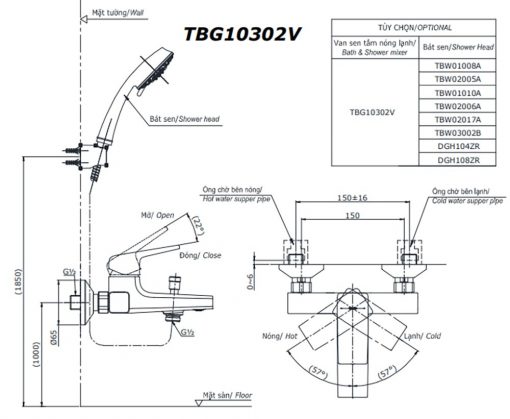 Bản vẽ kích thước TOTO TBG10302V - Vòi sen tắm