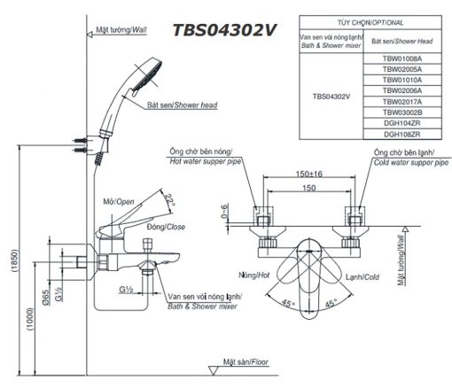 Bản vẽ kích thước TOTO TBS04302V - Vòi sen tắm