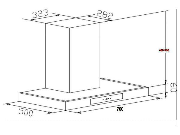 Bản vẽ kích thước Máy hút mùi CHEFS EH-R107E7D 70cm chữ T