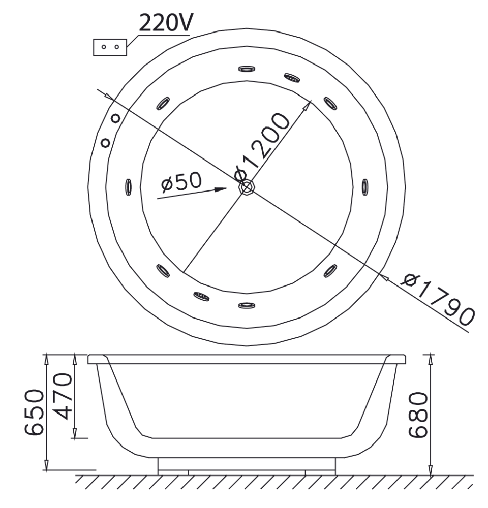 Bản vẽ kĩ thuật Bồn tắm CAESAR MT6470 Massage lập thể 1.7M