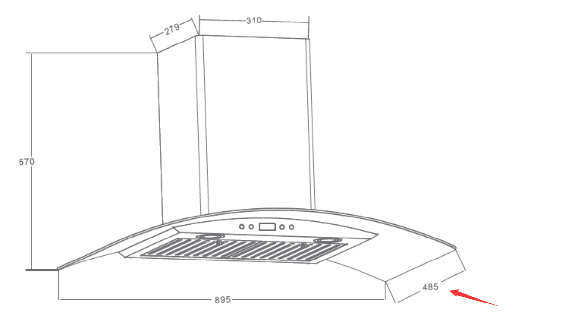 Bản vẽ kích thước Máy hút mùi FANDI FD-BQ90 90cm kính cong