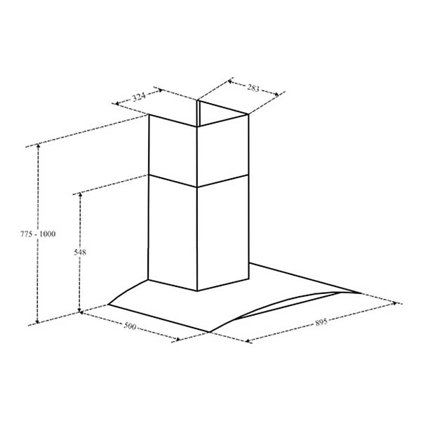 Bản vẽ kích thước Máy hút mùi BAUER BC 90SBL 90cm kính cong