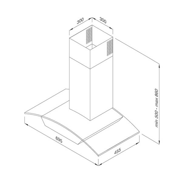 Bản vẽ kích thước Máy hút mùi MALLOCA MC 7018HS 70cm kính cong