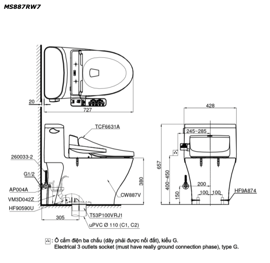 Bản vẽ kĩ thuật Bồn cầu 1 khối TOTO MS887RW7 nắp rửa thông minh TCF6631A