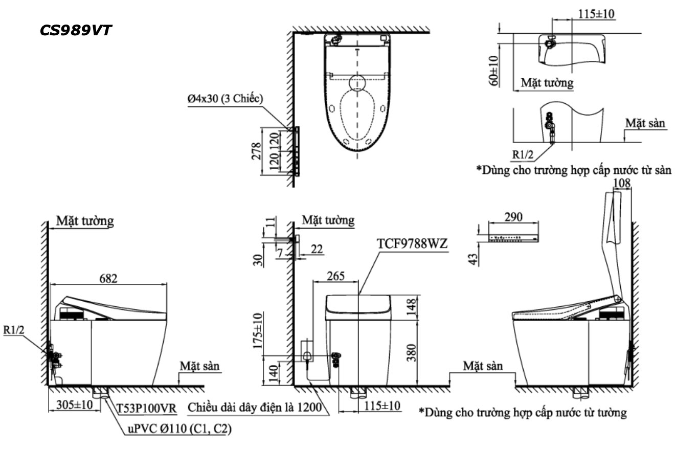 Bản vẽ kĩ thuật Bồn cầu thông minh TOTO CS989VT TCF9788WZ T53P100VR Neorest AH