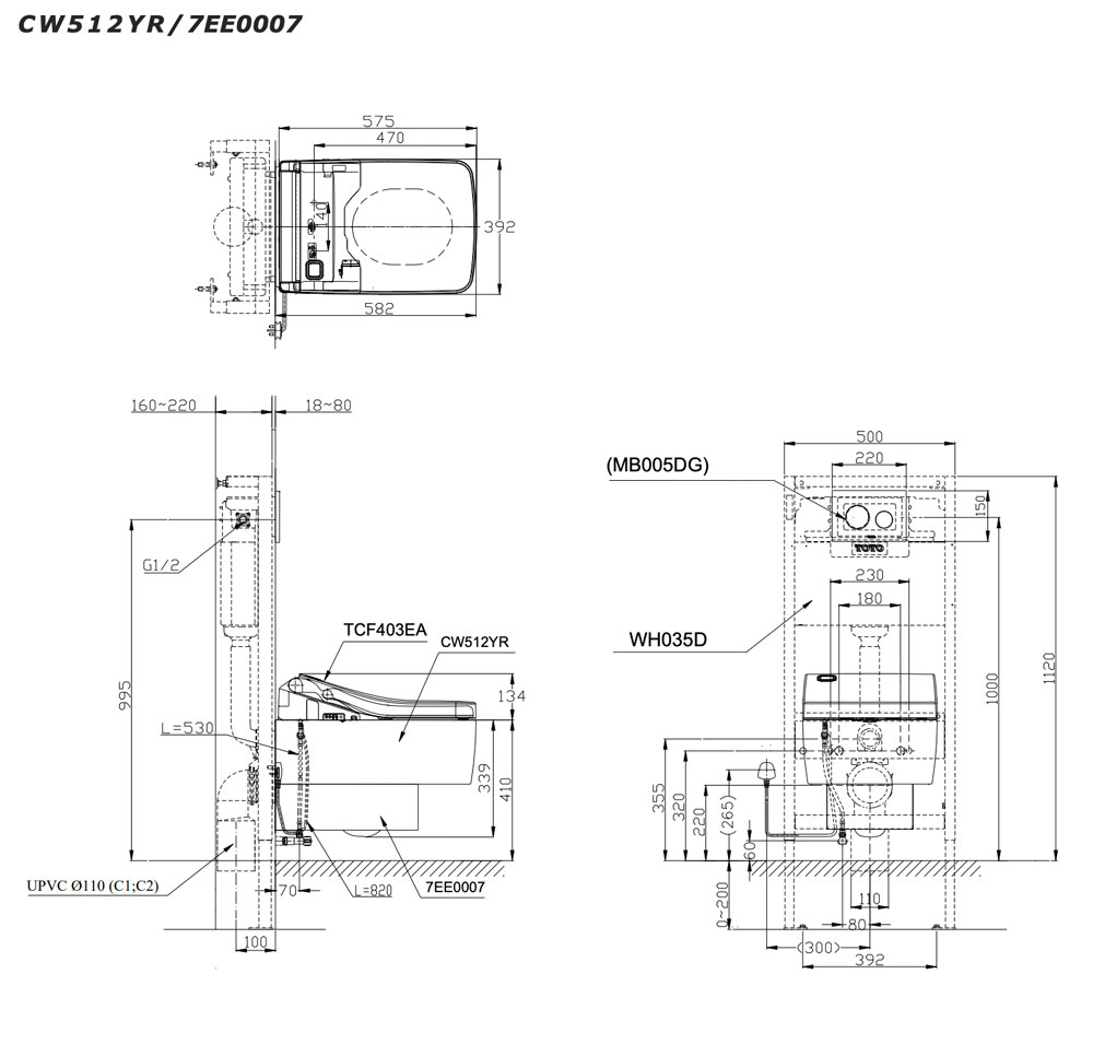 Bản vẽ kĩ thuật Bồn cầu treo tường TOTO CW512YR 7EE0007 TC501CVK nắp êm