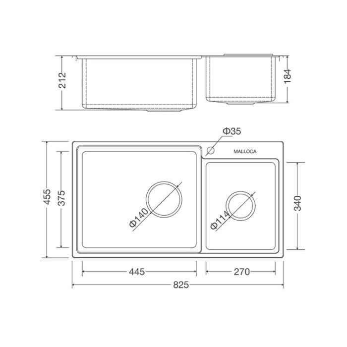 Ban ve kich thuoc chau rua bat Inox MALLOCA MS 8801
