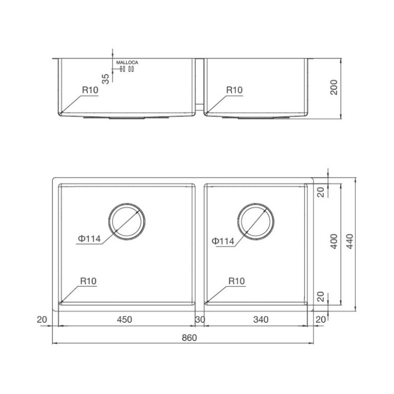 Ban ve kich thuoc chau rua bat Inox Malloca MS 6065 2 ho