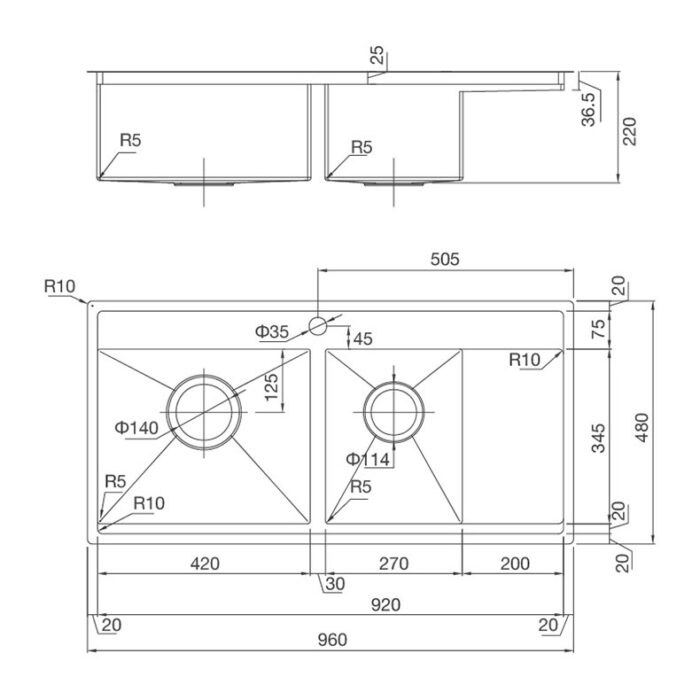 Ban ve kich thuoc chau rua bat Inox Malloca MS 6305