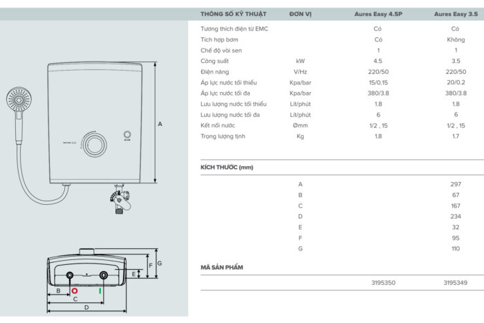 Ban ve ky thuat May nuoc nong truc tiep ARISTON AURES EASY 3.5 khong bom 3500w