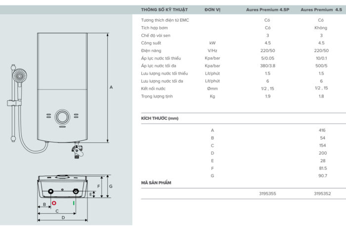 Ban ve ky thuat May nuoc nong truc tiep ARISTON AURES PREMIUM 4.5P co bom 4500w 1