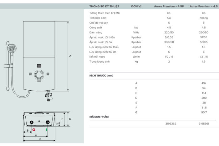Ban ve ky thuat May nuoc nong truc tiep ARISTON AURES PREMIUM 4.5P co bom 4500w