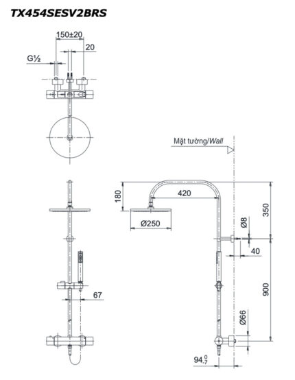 Ban ve ky thuat Voi sen cay TOTO TX454SESV2BRS nhiet do