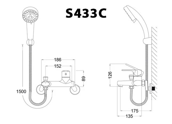 Bản vẽ kỹ thuật Vòi sen tắm CAESAR S433C nóng lạnh tay 3 chế độ