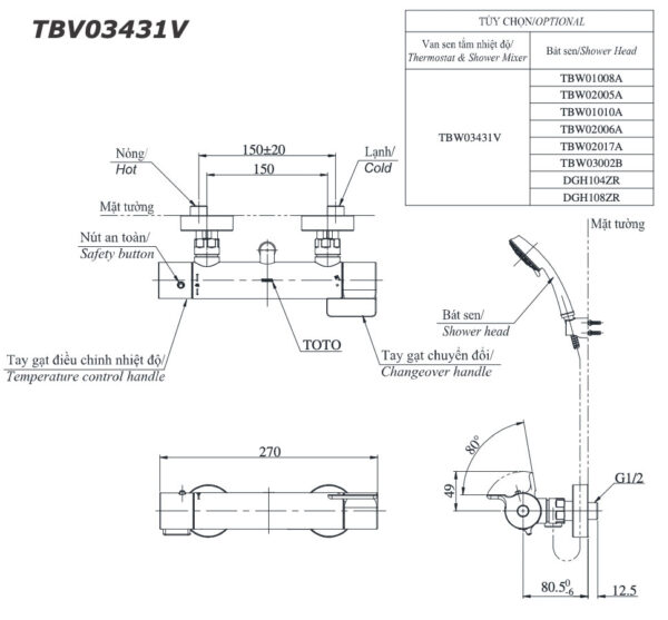 Ban ve ky thuat Voi sen tam TOTO TBV03431V nhiet do