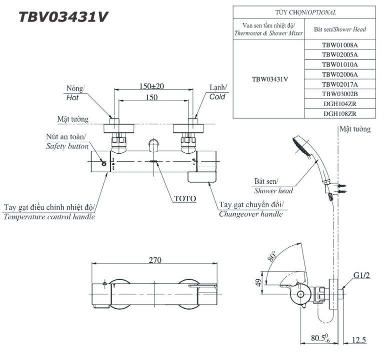 Ban ve ky thuat Voi sen tam TOTO TBV03431V nhiet do